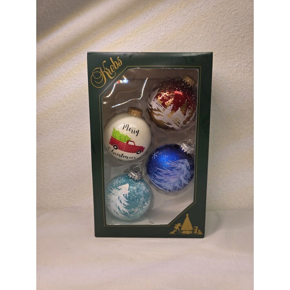 Christmas by Krebs Glass Ball Ornaments Set of 4 Mixed Winter Forest Truck